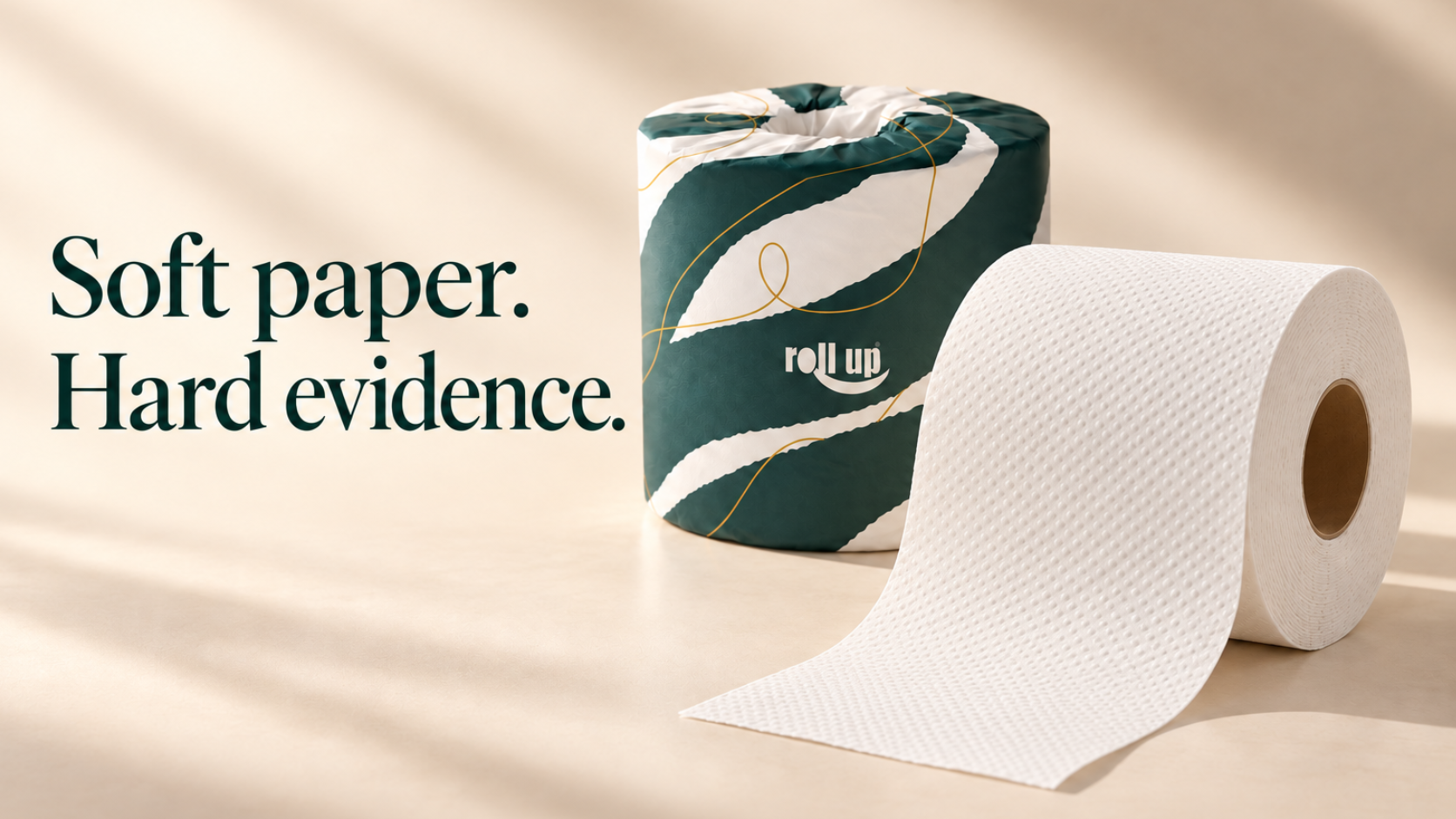 Roll Up bamboo toilet paper, with a teal-wrapped roll beside an unwrapped roll, against a cream background with the words ‘Soft paper. Hard evidence